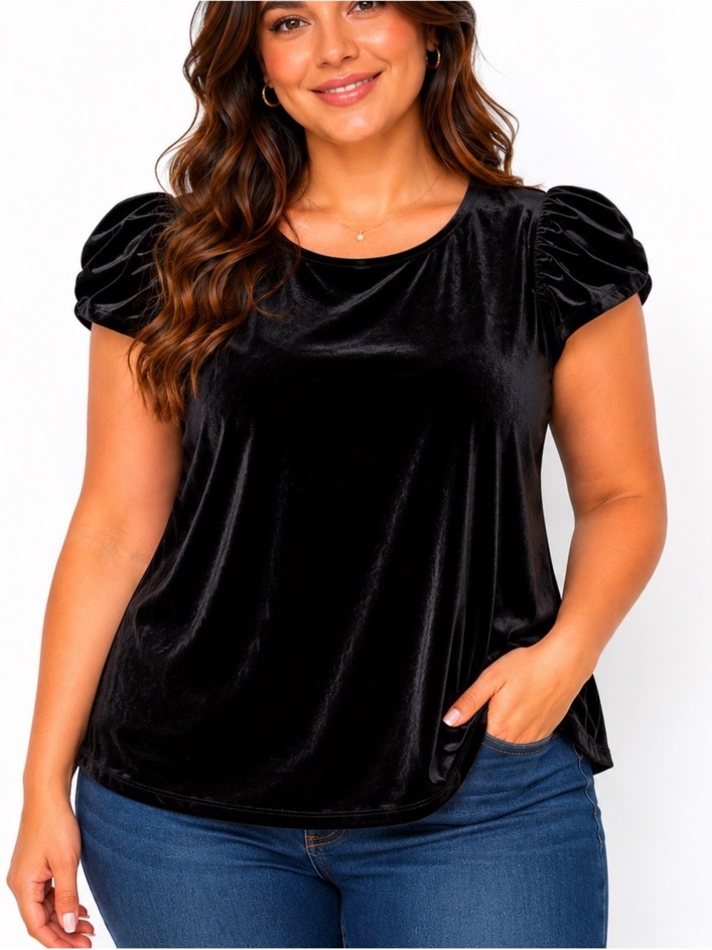 Parker Women’s Black Velvet Puff-Sleeve Top gently flowing silhouette SZ XL
